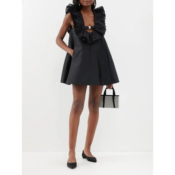 SHUSHU/TONG Black Duchess Satin Organza Ruffle U-Neck Mini Swing Dress, Size 4 - Picture 1 of 16